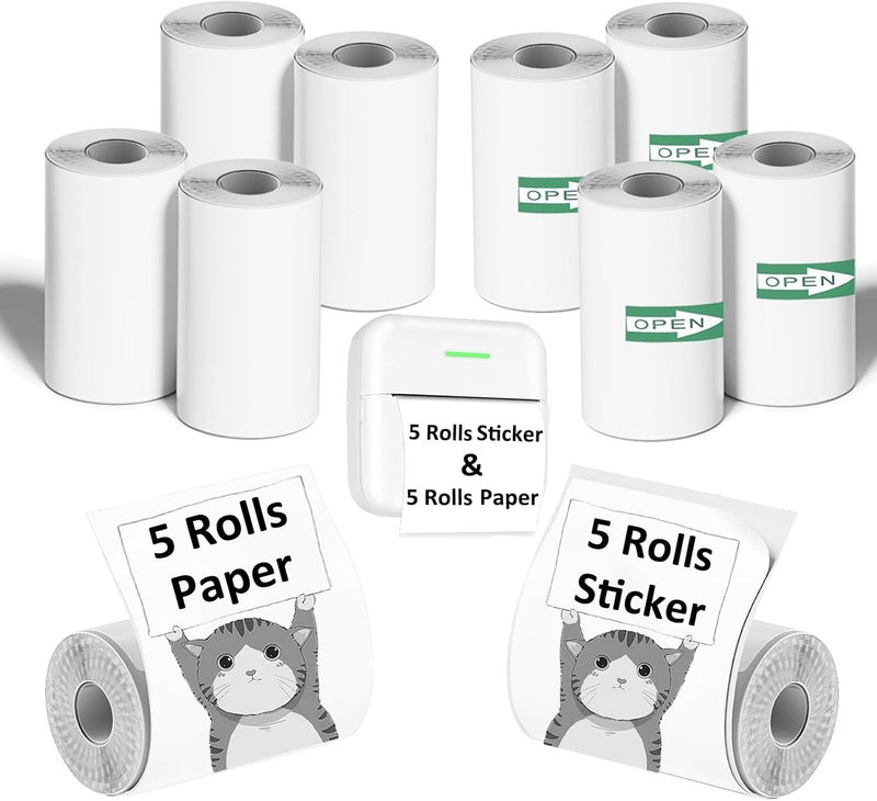 ECIFFO 5 Rolls Thermal Printer Paper & 5 Rolls Self-adhesive Stickers, Mini Printer Paper Refill For Mini Sticker Receipt Printer - Image 1